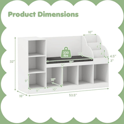 Kids Bookcase with Reading Nook 3-in-1 Standing Toy Organizer-White - White - Kids Storage
