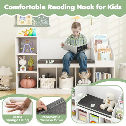 Kids Bookcase with Reading Nook 3-in-1 Standing Toy Organizer-White - White - Kids Storage