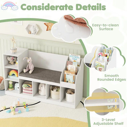 Kids Bookcase with Reading Nook 3-in-1 Standing Toy Organizer-White - White - Kids Storage