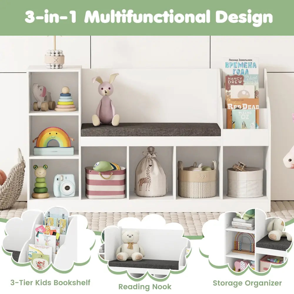 Kids Bookcase with Reading Nook 3-in-1 Standing Toy Organizer-White - White - Kids Storage