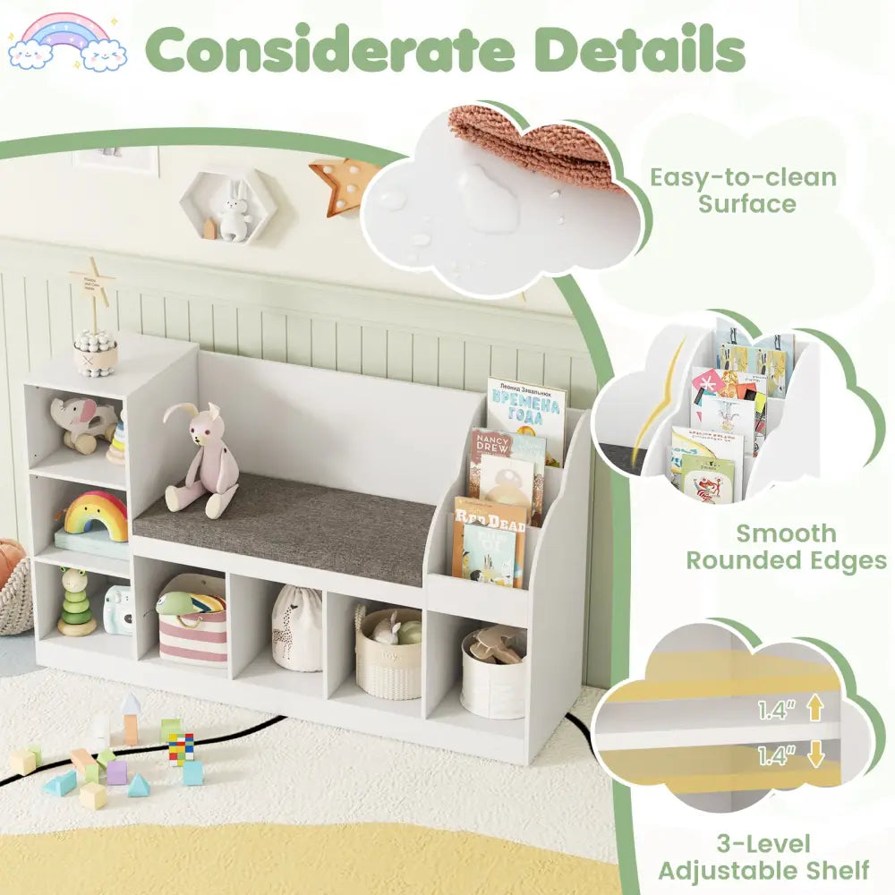 Kids Bookcase with Reading Nook 3-in-1 Standing Toy Organizer-White - White - Kids Storage