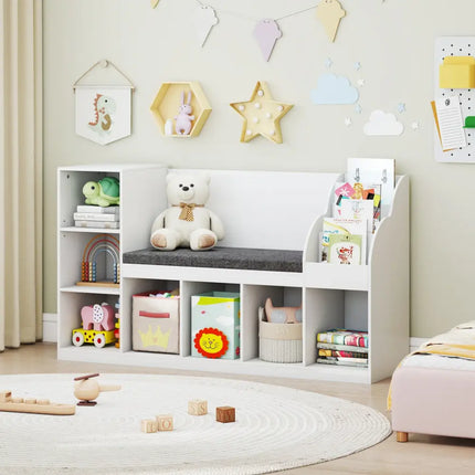 Kids Bookcase with Reading Nook 3-in-1 Standing Toy Organizer-White - White - Kids Storage
