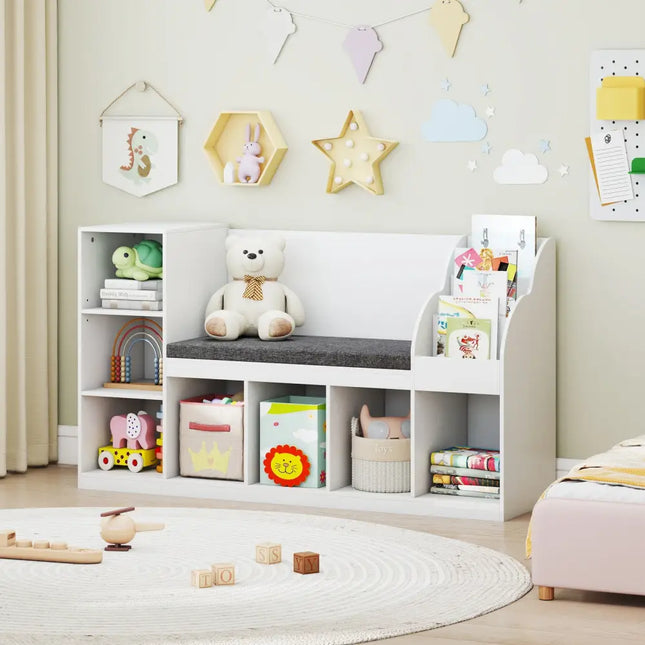 Kids Bookcase with Reading Nook 3-in-1 Standing Toy Organizer-White - White - Kids Storage