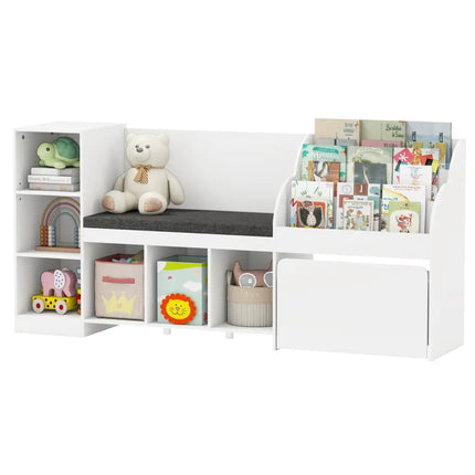 Kids Bookcase with Reading Nook 4-in-1 Standing Toy Organizer-White - White - Kids Storage
