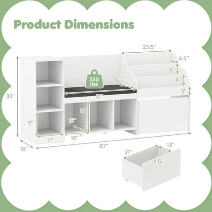 Kids Bookcase with Reading Nook 4-in-1 Standing Toy Organizer-White - White - Kids Storage