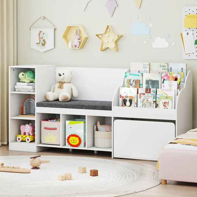 Kids Bookcase with Reading Nook 4-in-1 Standing Toy Organizer-White - White - Kids Storage