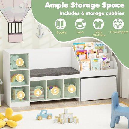 Kids Bookcase with Reading Nook 4-in-1 Standing Toy Organizer-White - White - Kids Storage