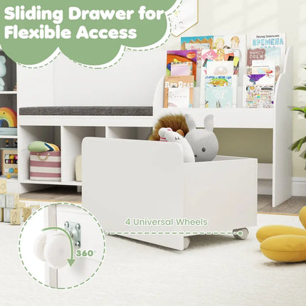 Kids Bookcase with Reading Nook 4-in-1 Standing Toy Organizer-White - White - Kids Storage