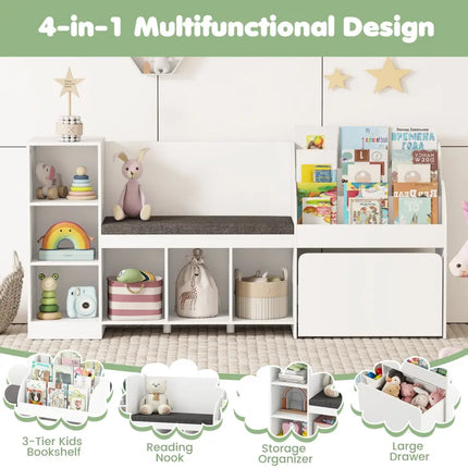 Kids Bookcase with Reading Nook 4-in-1 Standing Toy Organizer-White - White - Kids Storage