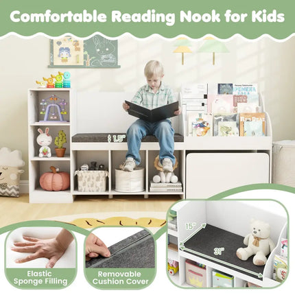 Kids Bookcase with Reading Nook 4-in-1 Standing Toy Organizer-White - White - Kids Storage