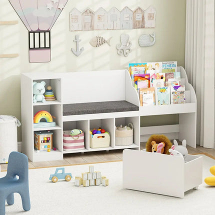 Kids Bookcase with Reading Nook 4-in-1 Standing Toy Organizer-White - White - Kids Storage