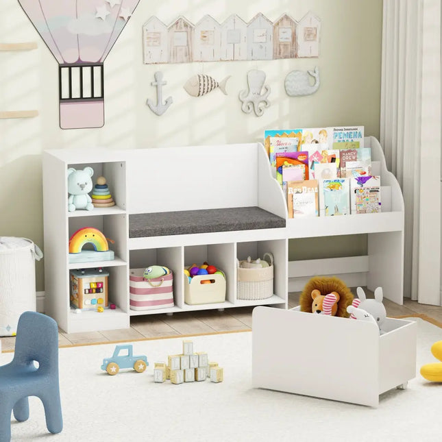 Kids Bookcase with Reading Nook 4-in-1 Standing Toy Organizer-White - White - Kids Storage