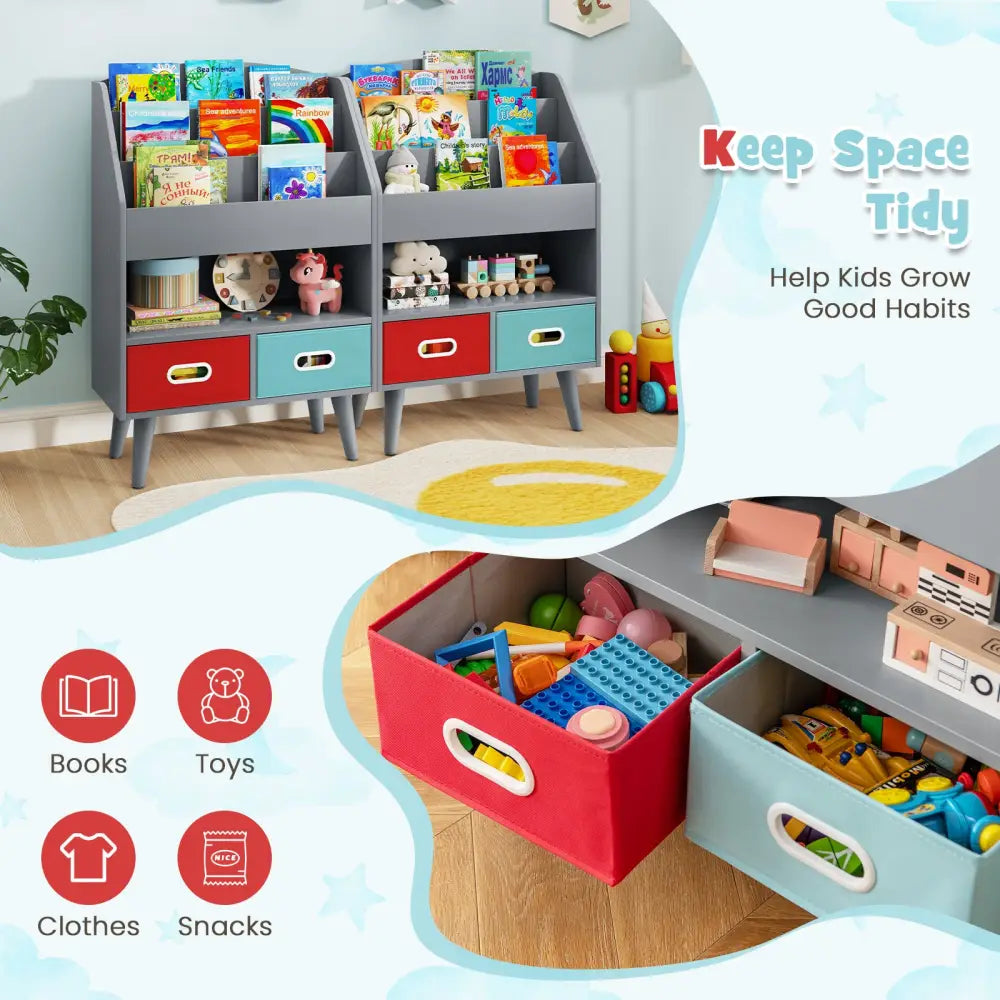 Kids Bookshelf with Open Compartment for Toddlers 3+ Years Old-Gray - Gray - Kids Storage