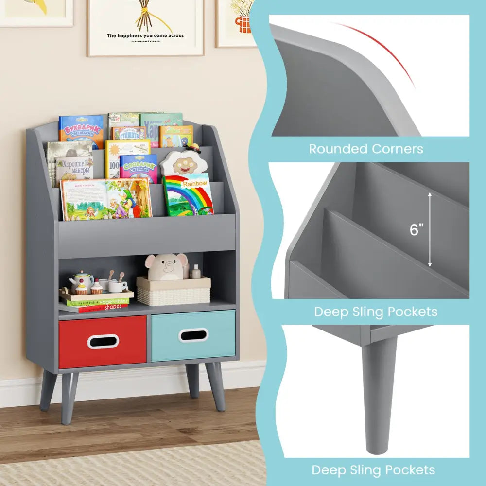 Kids Bookshelf with Open Compartment for Toddlers 3+ Years Old-Gray - Gray - Kids Storage