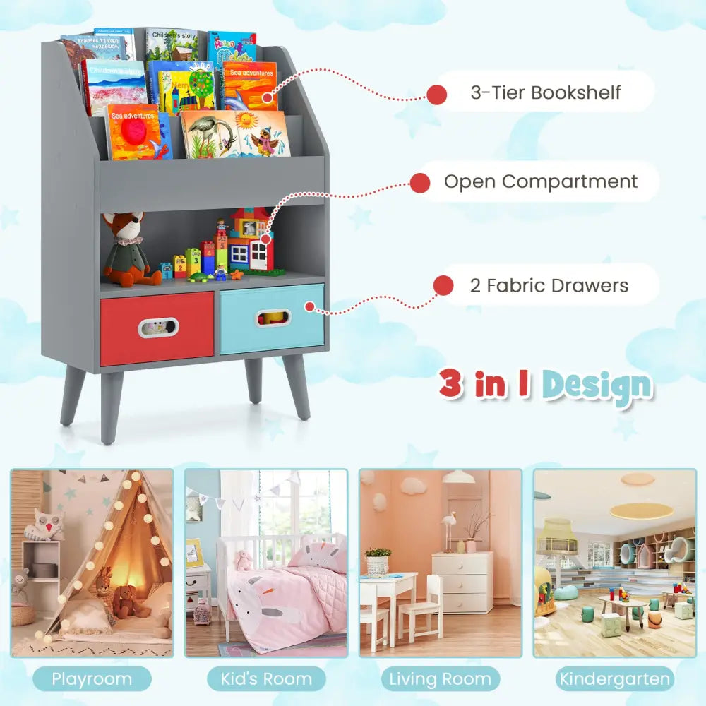 Kids Bookshelf with Open Compartment for Toddlers 3+ Years Old-Gray - Gray - Kids Storage