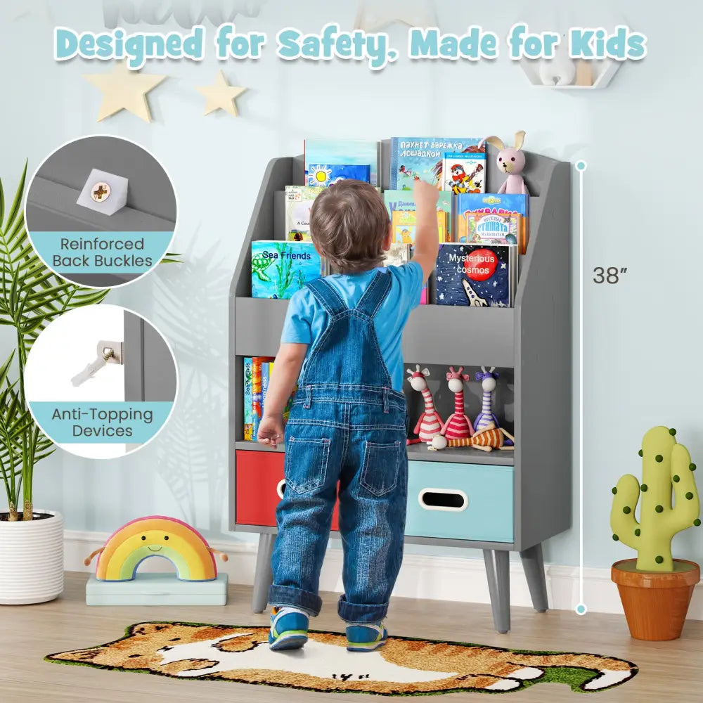 Kids Bookshelf with Open Compartment for Toddlers 3+ Years Old-Gray - Gray - Kids Storage