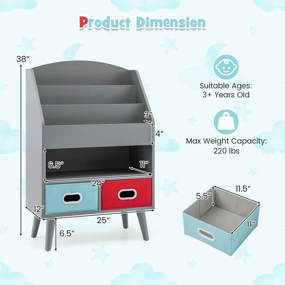 Kids Bookshelf with Open Compartment for Toddlers 3+ Years Old-Gray - Gray - Kids Storage
