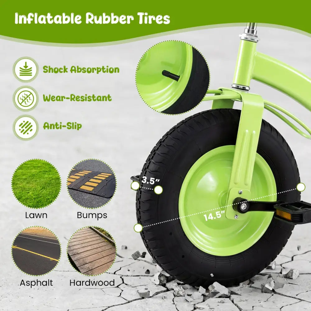 Kids Carbon Steel Bike with 15 Inch Inflatable Rubber Tires-Green - Green - Kids Bike