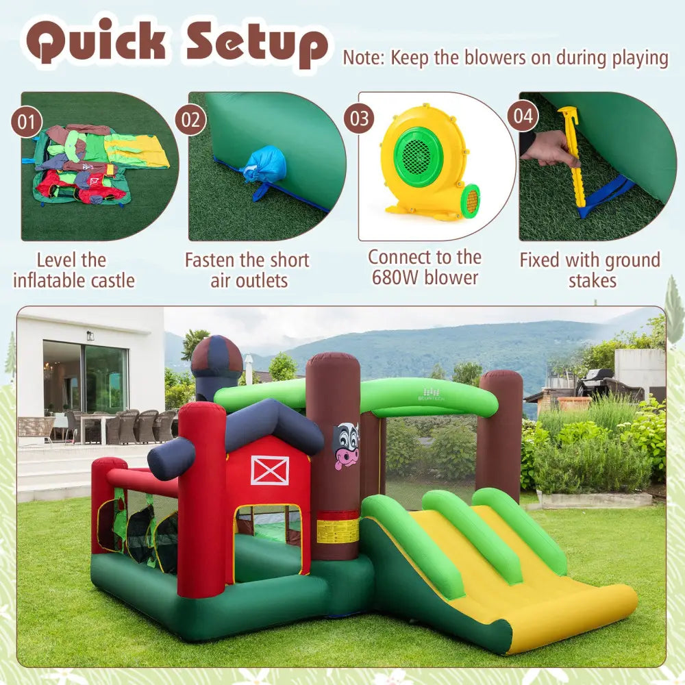 Kids Castle Slide Bouncer 6-in-1 Inflatable Castle with Trampoline and 680W Blower - Multicolor - Bounce House