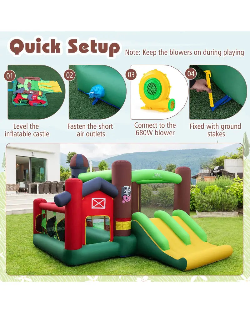 Kids Castle Slide Bouncer 6-in-1 Inflatable Castle with Trampoline and 680W Blower - Multicolor - Bounce House