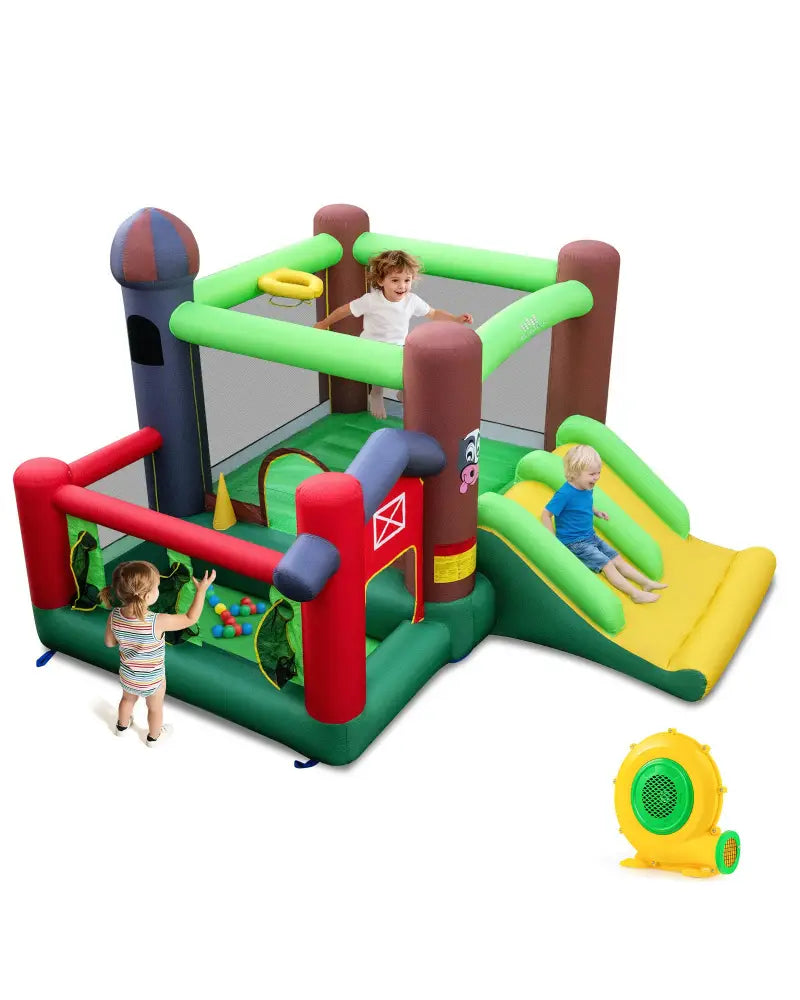 Kids Castle Slide Bouncer 6-in-1 Inflatable Castle with Trampoline and 680W Blower - Multicolor - Bounce House