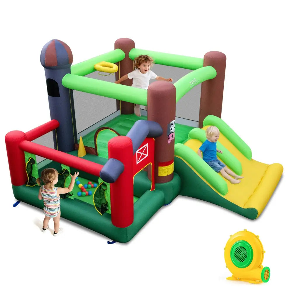 Kids Castle Slide Bouncer 6-in-1 Inflatable Castle with Trampoline and 680W Blower - Multicolor - Bounce House