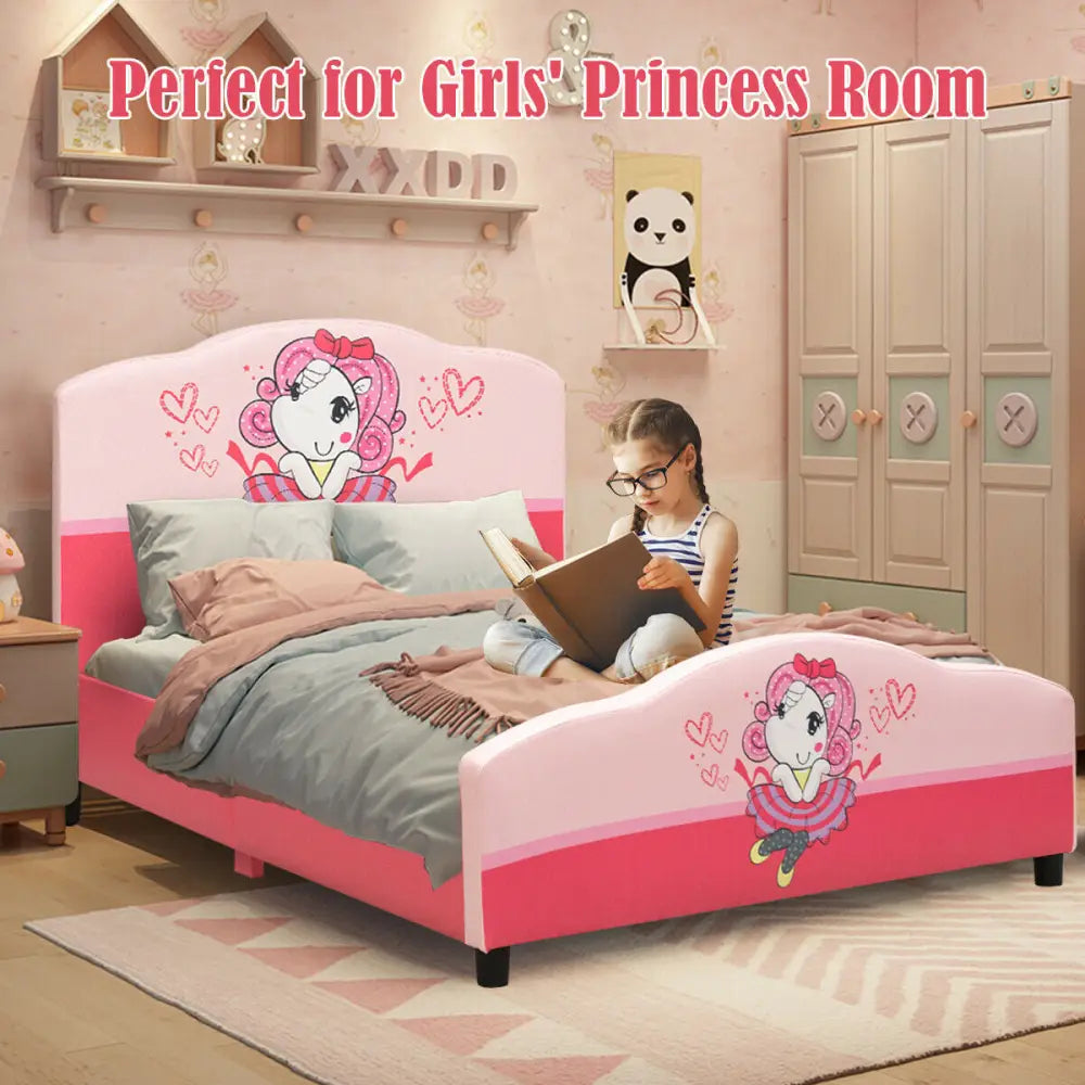 Kids Children Upholstered Platform Toddler Girl Pattern Bed - Pink - Toddler Beds