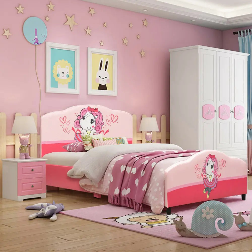 Kids Children Upholstered Platform Toddler Girl Pattern Bed - Pink - Toddler Beds
