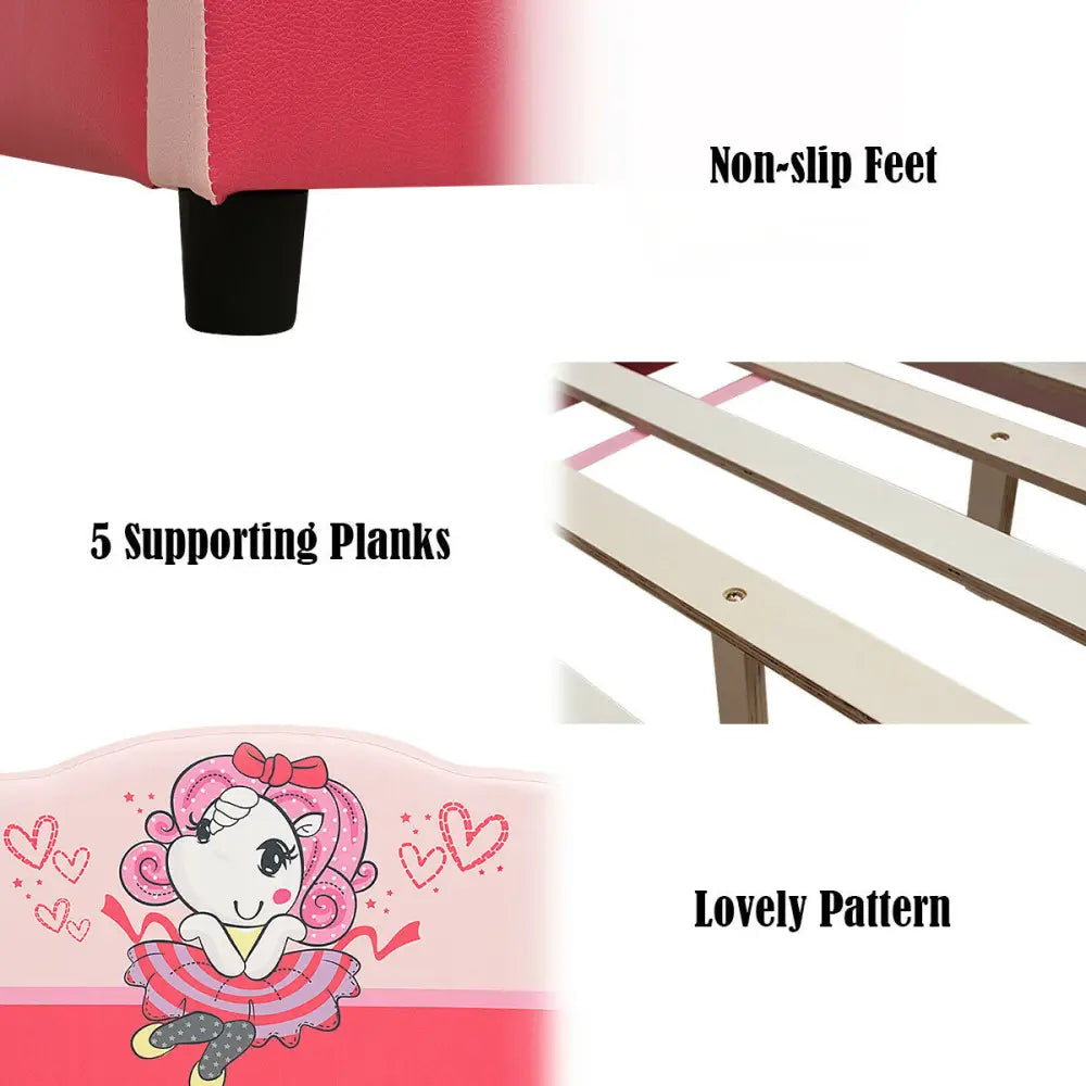 Kids Children Upholstered Platform Toddler Girl Pattern Bed - Pink - Toddler Beds