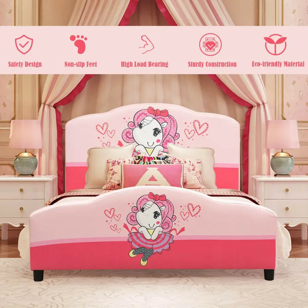 Kids Children Upholstered Platform Toddler Girl Pattern Bed - Pink - Toddler Beds