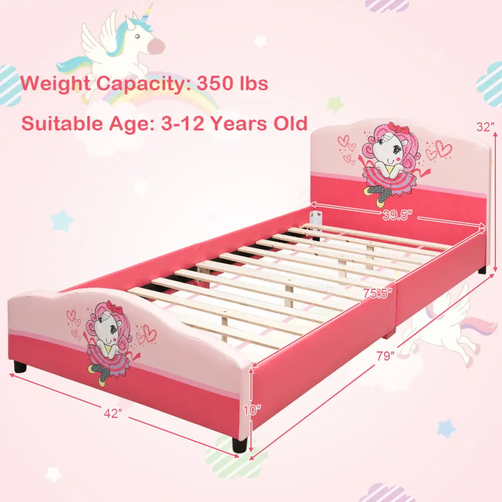 Kids Children Upholstered Platform Toddler Girl Pattern Bed - Pink - Toddler Beds