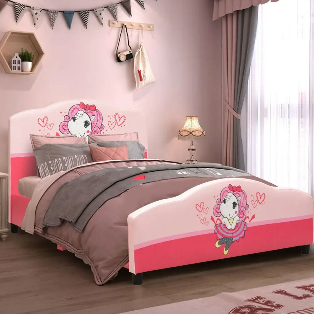 Kids Children Upholstered Platform Toddler Girl Pattern Bed - Pink - Toddler Beds