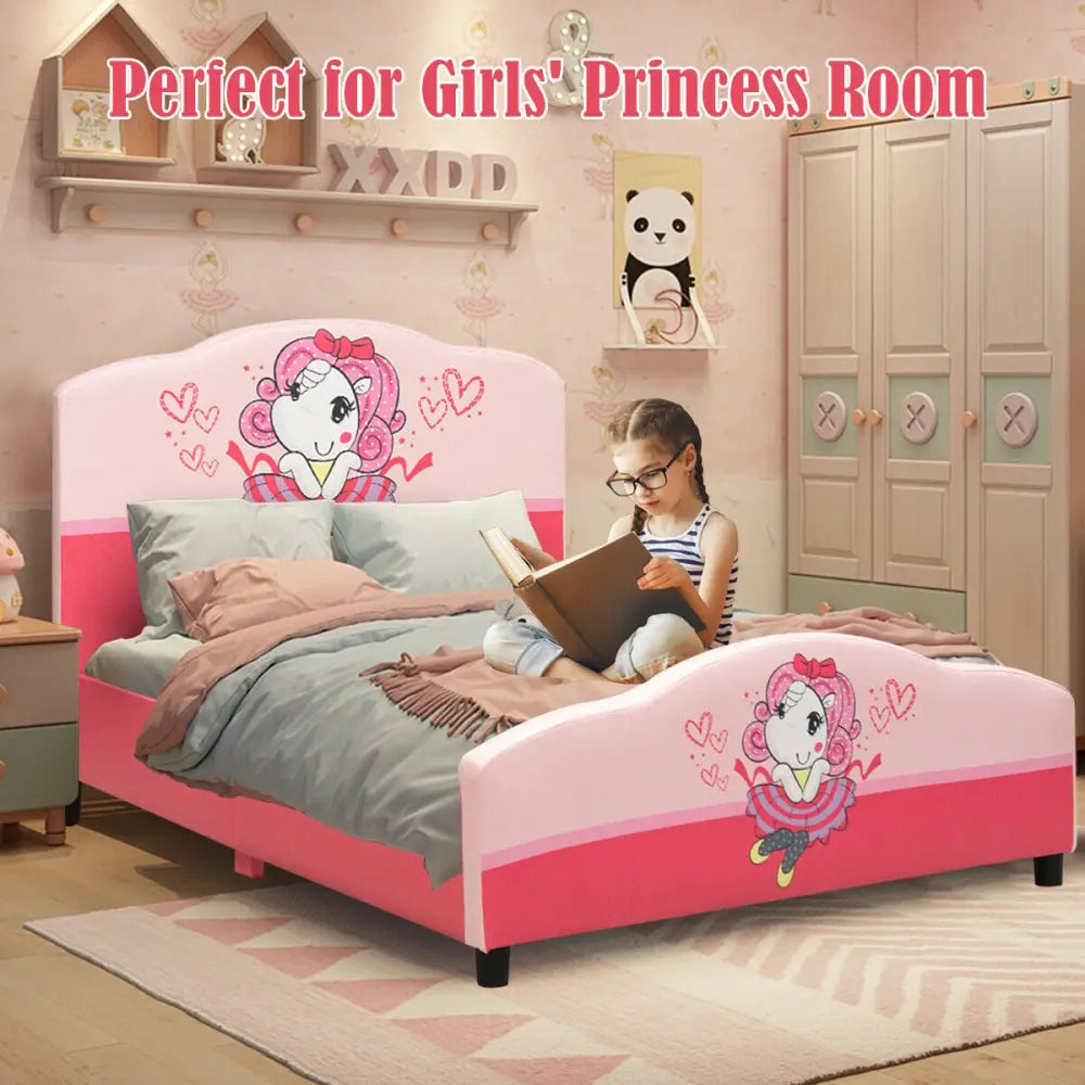 Kids Children Upholstered Platform Toddler Girl Pattern Bed - Pink - Toddler Beds