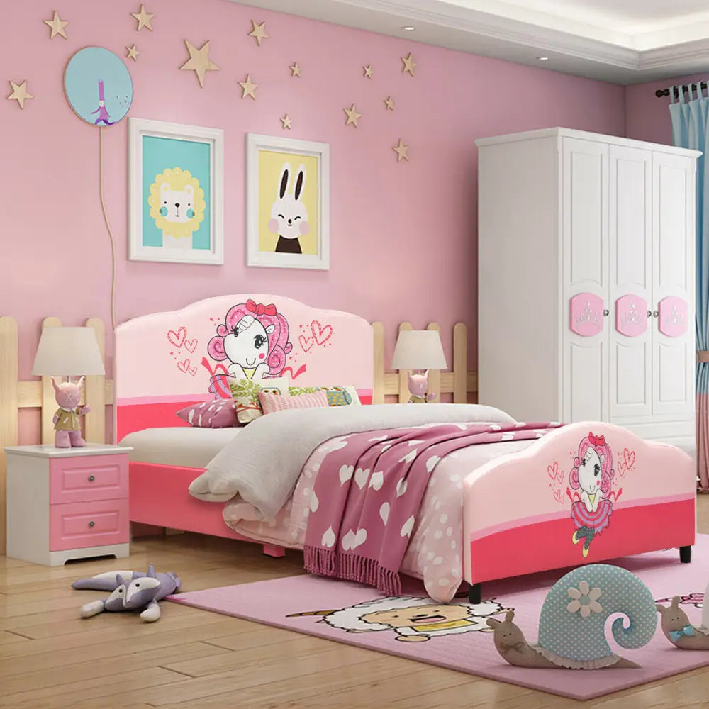 Kids Children Upholstered Platform Toddler Girl Pattern Bed - Pink - Toddler Beds