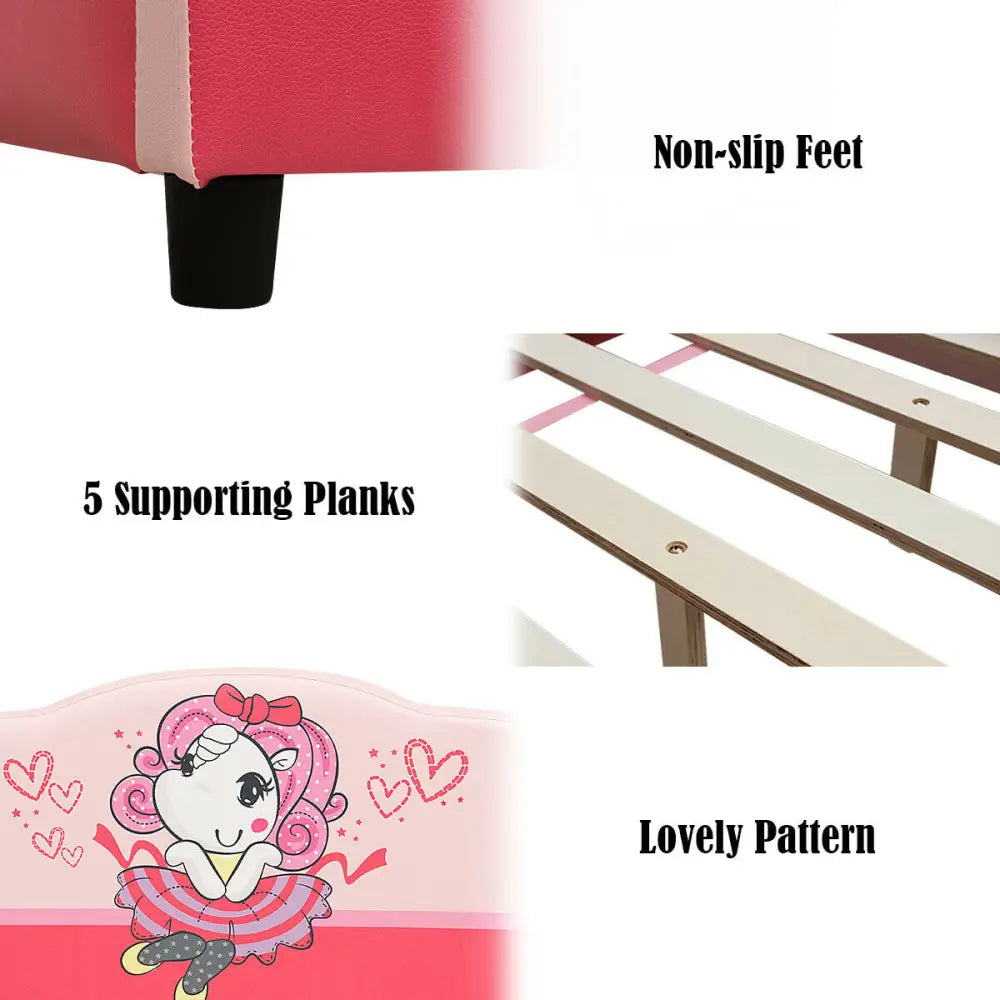 Kids Children Upholstered Platform Toddler Girl Pattern Bed - Pink - Toddler Beds