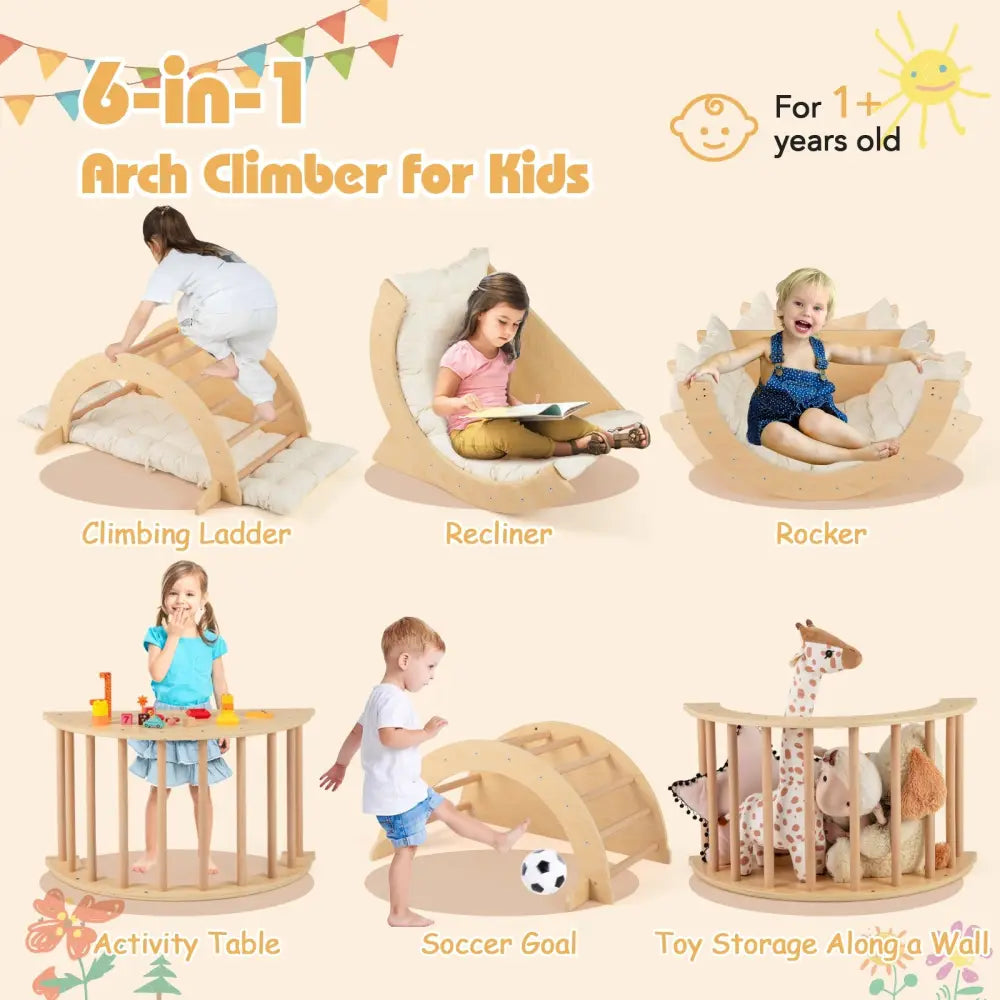 Kids Climbing Arch with Cushion Montessori Arch Climber/Rocker for Toddlers-Beige - Beige - Climbers & Slides