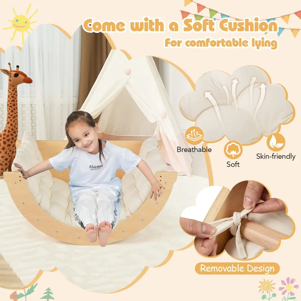 Kids Climbing Arch with Cushion Montessori Arch Climber/Rocker for Toddlers-Beige - Beige - Climbers & Slides