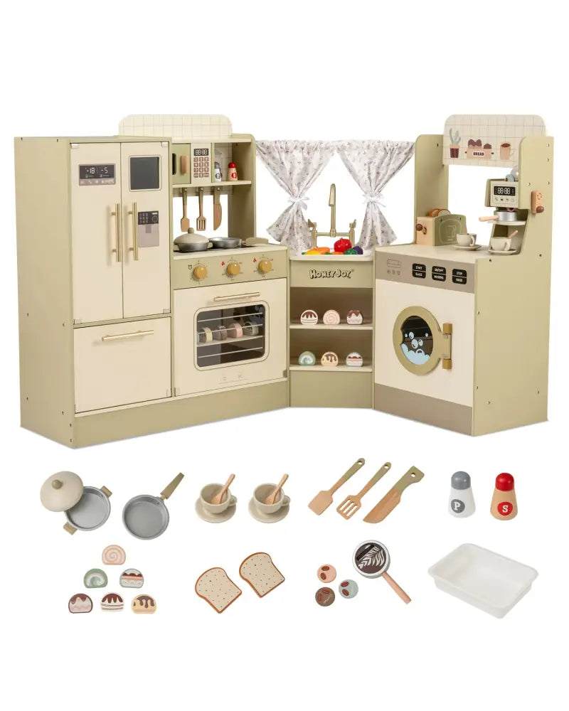 Kids Corner Play Kitchen with Faucet and Dishwasher and Stoves-Green - Green - Play Kitchen Sets