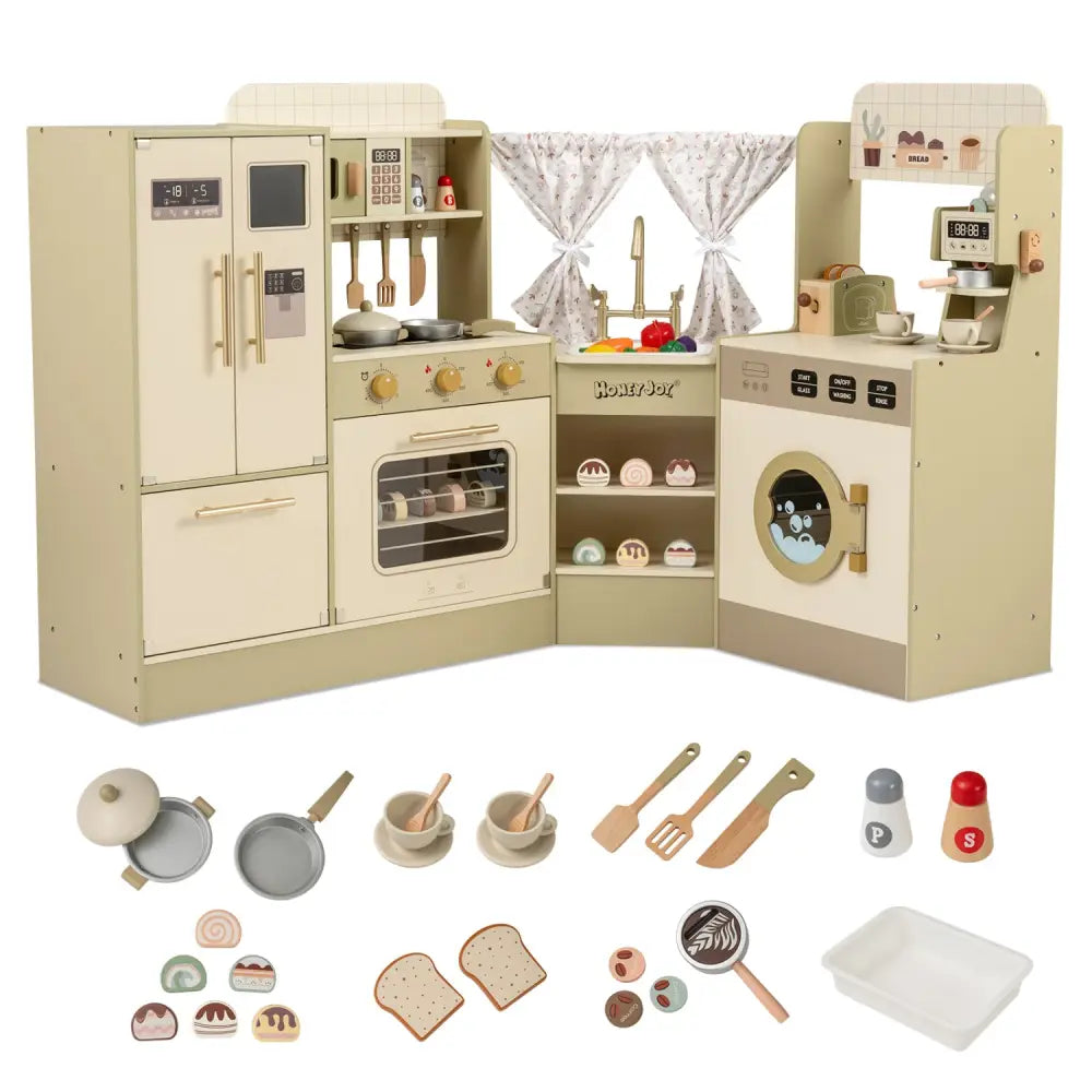 Kids Corner Play Kitchen with Faucet and Dishwasher and Stoves-Green - Green - Play Kitchen Sets