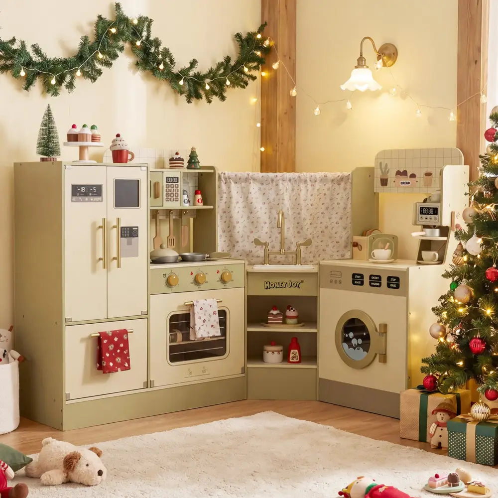 Kids Corner Play Kitchen with Faucet and Dishwasher and Stoves-Green - Green - Play Kitchen Sets