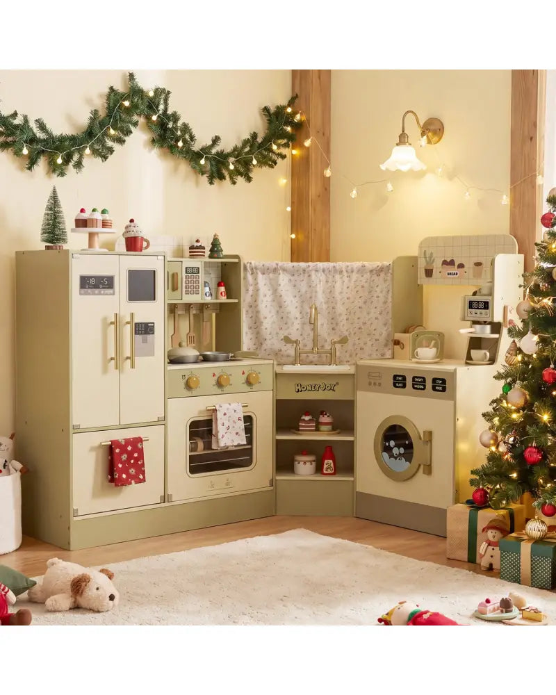 Kids Corner Play Kitchen with Faucet and Dishwasher and Stoves-Green - Green - Play Kitchen Sets