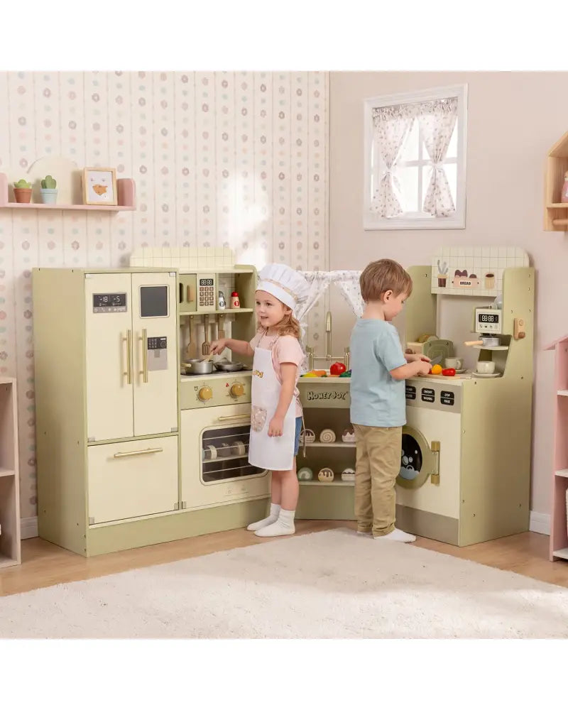 Kids Corner Play Kitchen with Faucet and Dishwasher and Stoves-Green - Green - Play Kitchen Sets