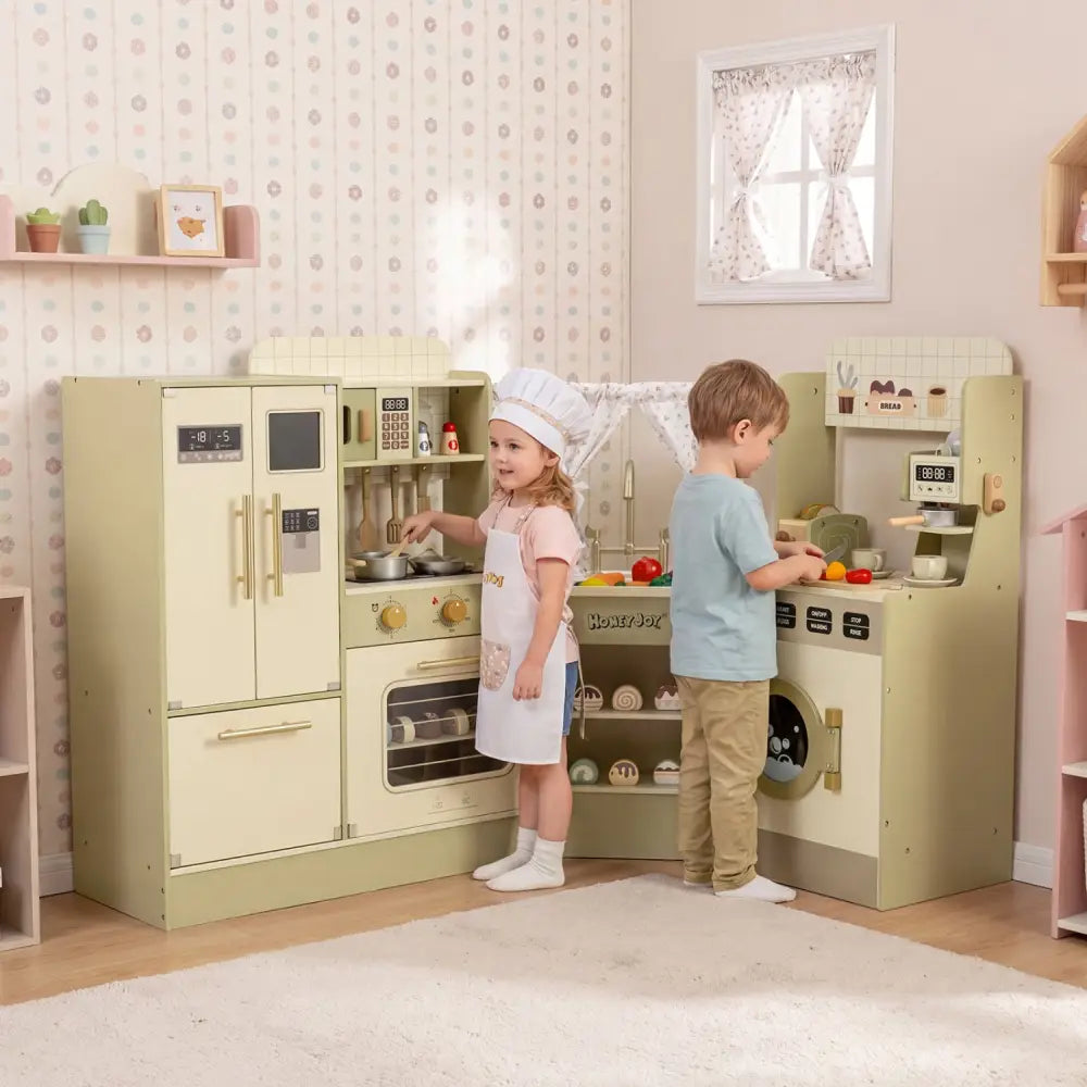 Kids Corner Play Kitchen with Faucet and Dishwasher and Stoves-Green - Green - Play Kitchen Sets