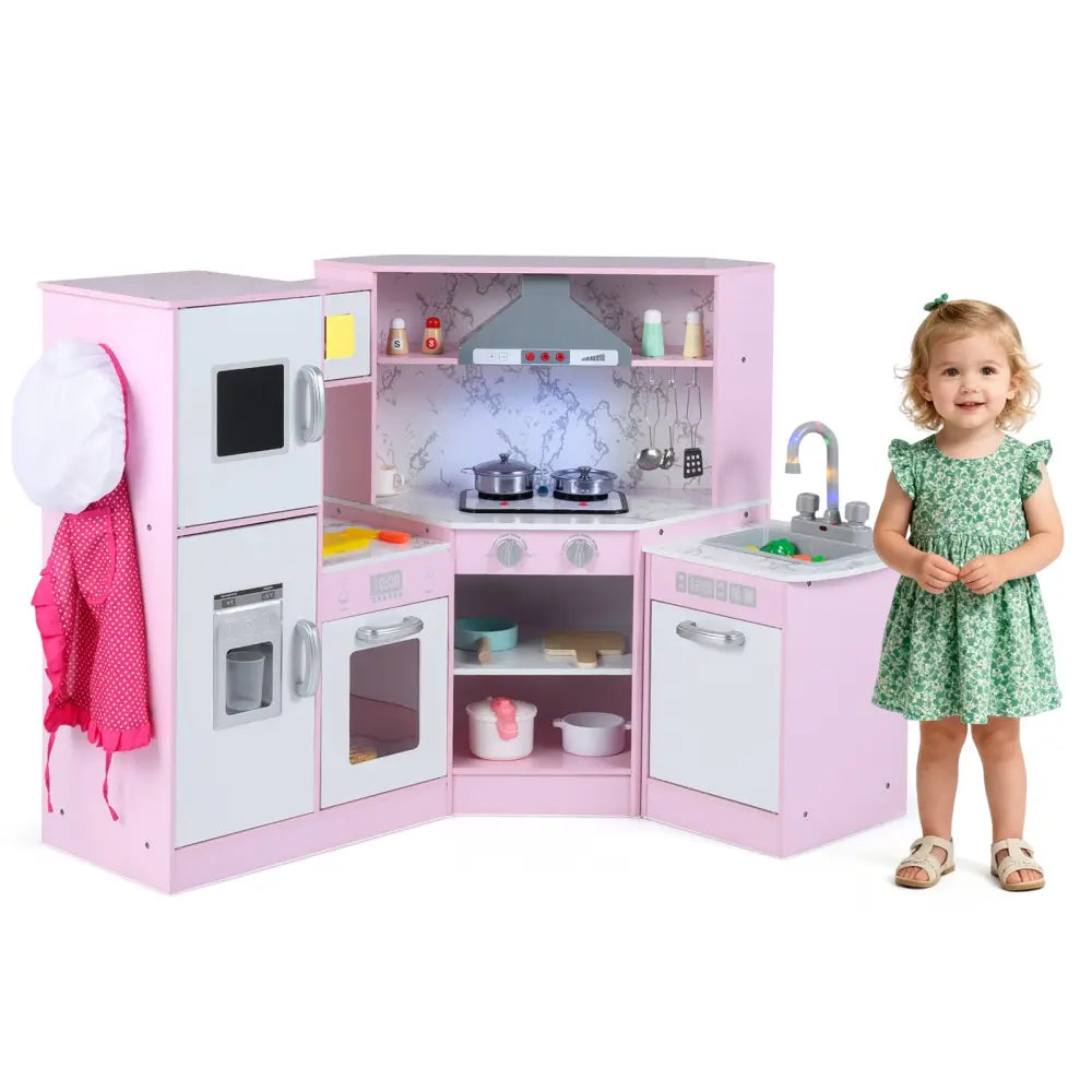Kids Corner Pretend Kitchen Playset with Separated Washing Basin-Pink - Pink - Play Kitchen Sets