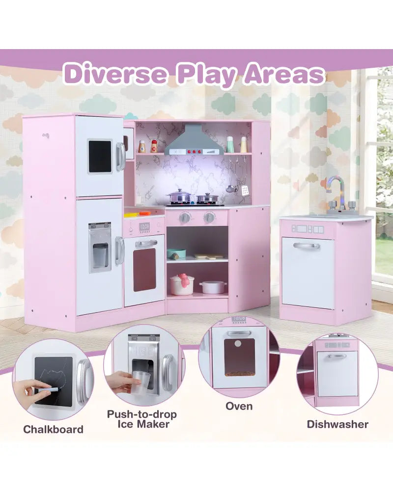 Kids Corner Pretend Kitchen Playset with Separated Washing Basin-Pink - Pink - Play Kitchen Sets