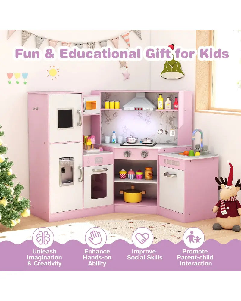 Kids Corner Pretend Kitchen Playset with Separated Washing Basin-Pink - Pink - Play Kitchen Sets