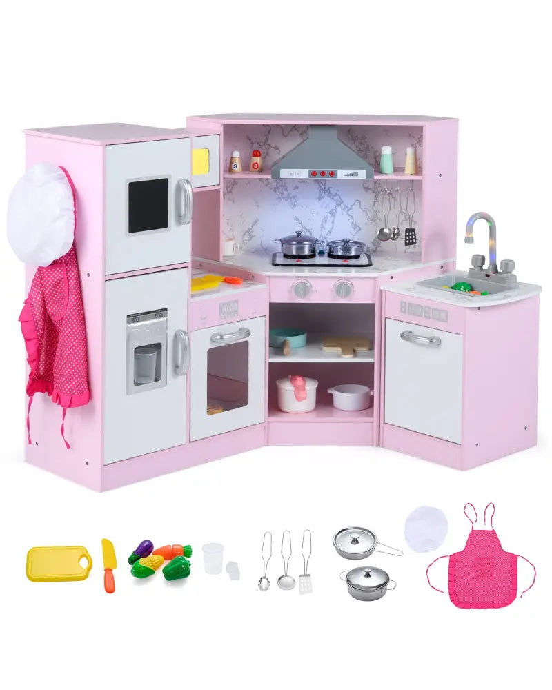 Kids Corner Pretend Kitchen Playset with Separated Washing Basin-Pink - Pink - Play Kitchen Sets