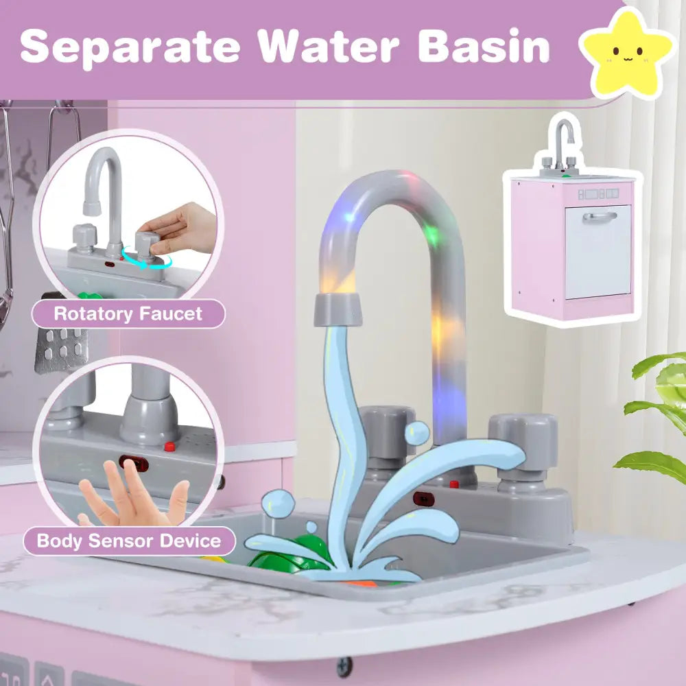 Kids Corner Pretend Kitchen Playset with Separated Washing Basin-Pink - Pink - Play Kitchen Sets