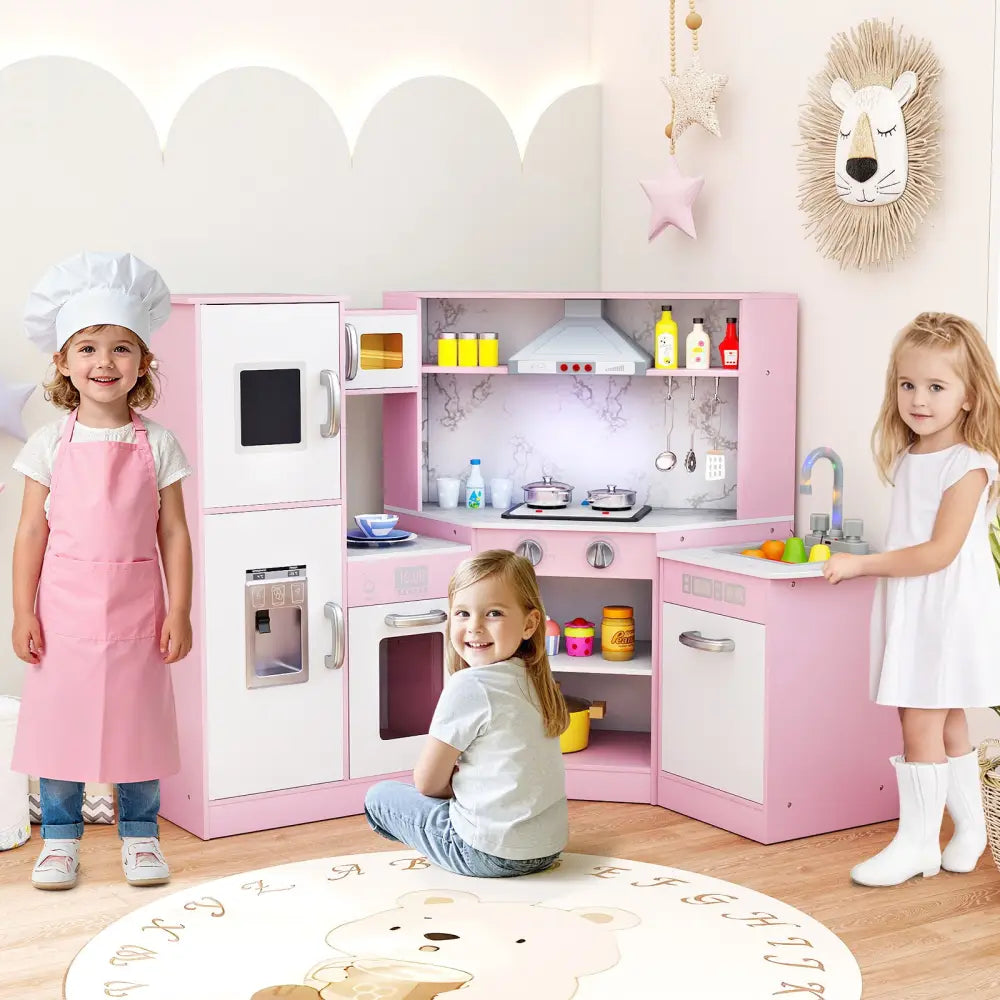 Kids Corner Pretend Kitchen Playset with Separated Washing Basin-Pink - Pink - Play Kitchen Sets