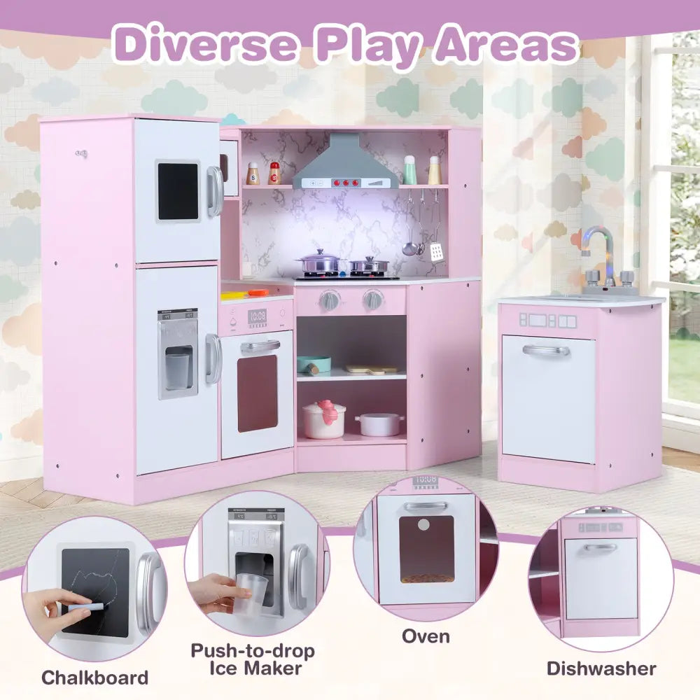 Kids Corner Pretend Kitchen Playset with Separated Washing Basin-Pink - Pink - Play Kitchen Sets